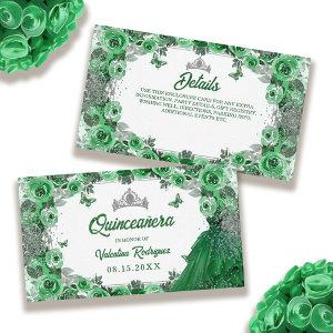 Emerald Green Silver Glitter Floral Quinceanera Enclosure Card
