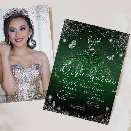 Emerald Green Silver Glitter Photo Quinceanera