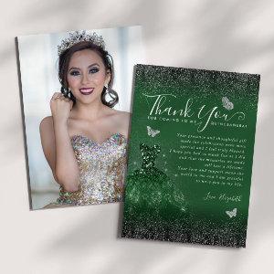 Emerald Green Silver Glitter Quinceanera Photo Thank You Card