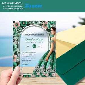 Emerald Green Silver Quince Dress Flowers Tiara Acrylic