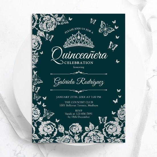 Emerald Green Silver Roses Butterflies Quinceanera