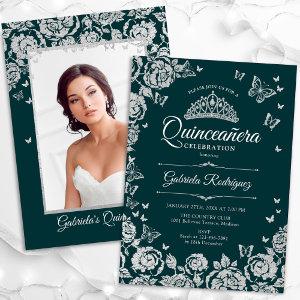 Emerald Green Silver Roses Quinceanera Photo