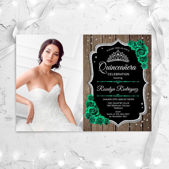 Emerald Green Silver Rustic Photo Quinceanera