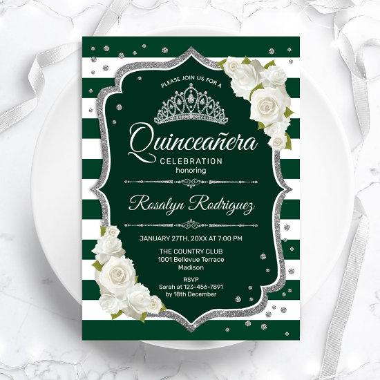 Emerald Green Silver White Elegant Quinceanera