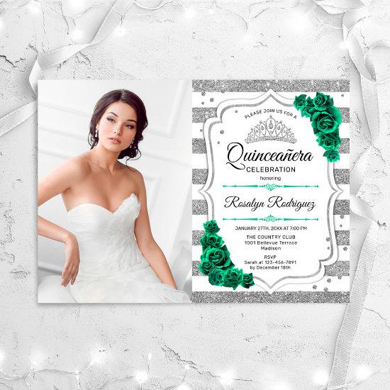 Emerald Green Silver White Photo Quinceanera