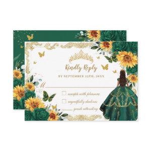 Emerald Green Sunflower Floral Quinceañera Dress RSVP Card