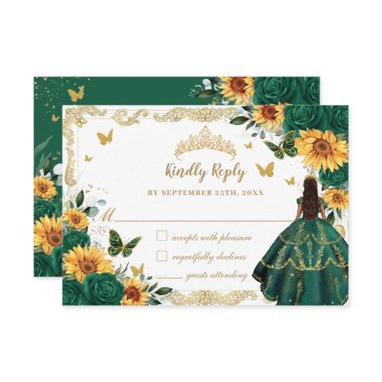 Emerald Green Sunflower Floral Quinceañera Dress RSVP Card