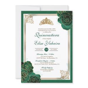 Emerald Green White Gold Roses Royal Quinceanera