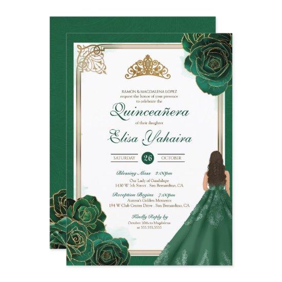 Emerald Green White Gold Roses Royal Quinceanera