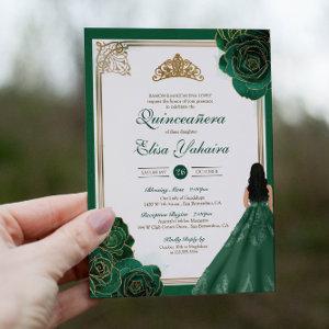 Emerald Green White Gold Roses Royal Quinceanera