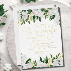Emerald Green White Peony Quinceanera Mass Gold Foil
