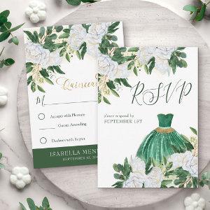 Emerald Greenery White Peony Quinceanera Princess  RSVP Card