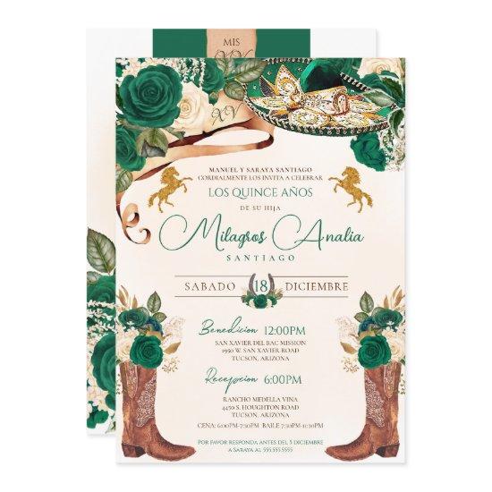 Emerald Jade Green Rose Western Charro Quinceañera