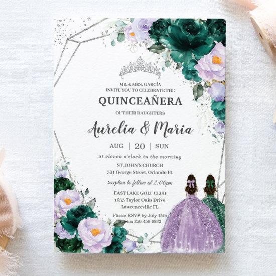 Emerald Purple Floral Twins Quinceañera Silver
