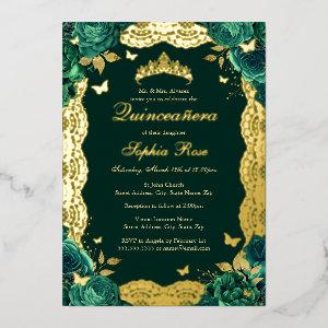 Emerald Rose Lace Butterfly Quinceanera Birthday  Foil