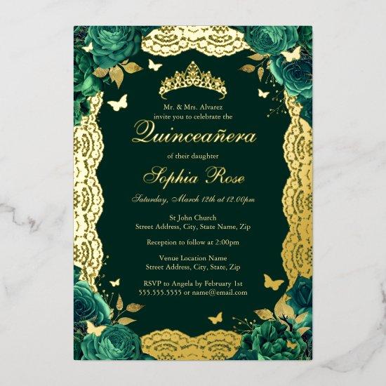 Emerald Rose Lace Butterfly Quinceanera Birthday  Foil