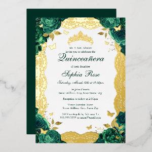 Emerald Rose Lace Quinceanera Birthday  Foil