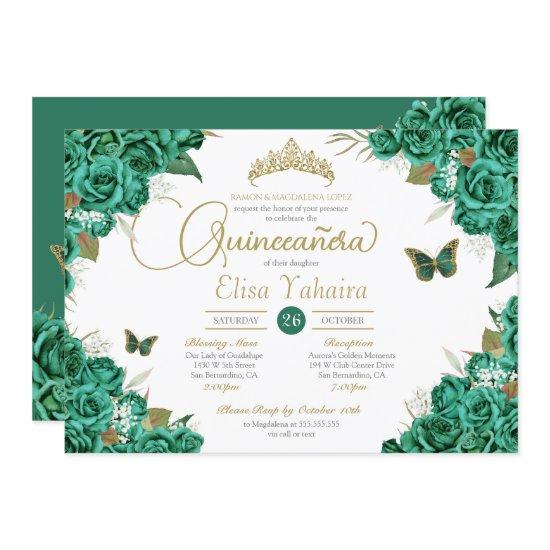 Emerald Roses Floral Tiara Butterfly Quinceanera