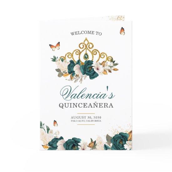 Emerald Roses Gold Tiara Butterfly Quinceanera Program