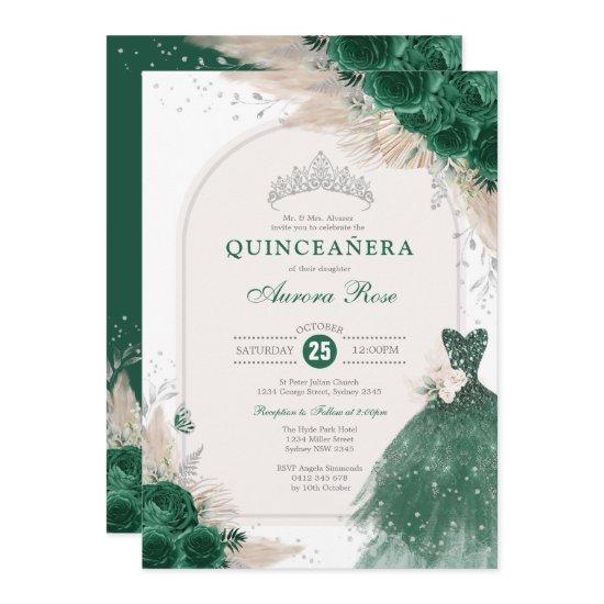 Emerald Silver Boho Roses Princess Quinceañera