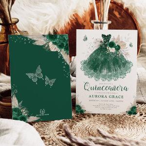Emerald Silver Floral Quinceañera Dress Mis Quince