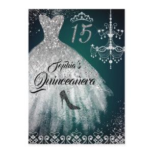 Emerald Silver Sparkle Diamond Dress Quinceanera