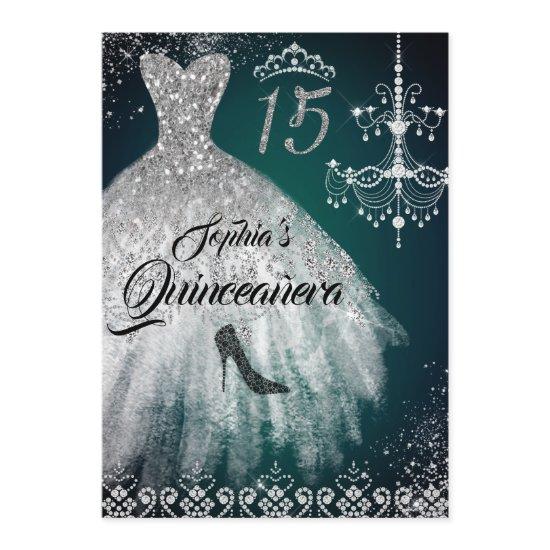 Emerald Silver Sparkle Diamond Dress Quinceanera