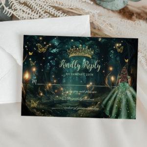 Enchanted Forest Emerald Green Dress Quinceañera  RSVP Card