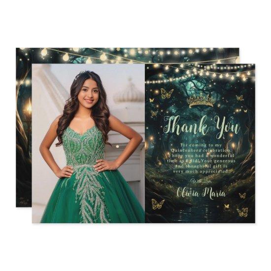 Enchanted Forest Emerald Green Quinceañera Photo Thank You Card