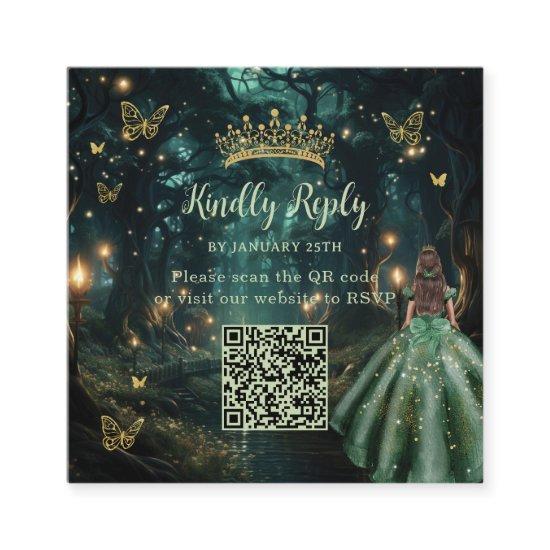 Enchanted Forest Emerald Green Quinceañera QR RSVP Enclosure Card