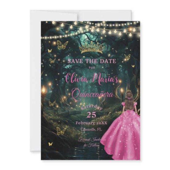 Enchanted Forest Fuchsia Pink Dress Quinceañera 16 Save The Date