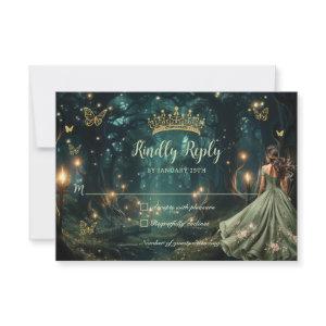 Enchanted Forest Sage Green Dress Quinceañera  RSVP Card