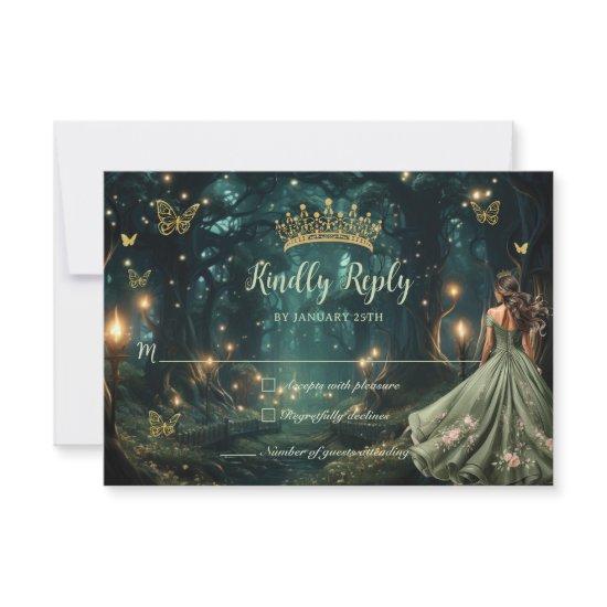 Enchanted Forest Sage Green Dress Quinceañera  RSVP Card