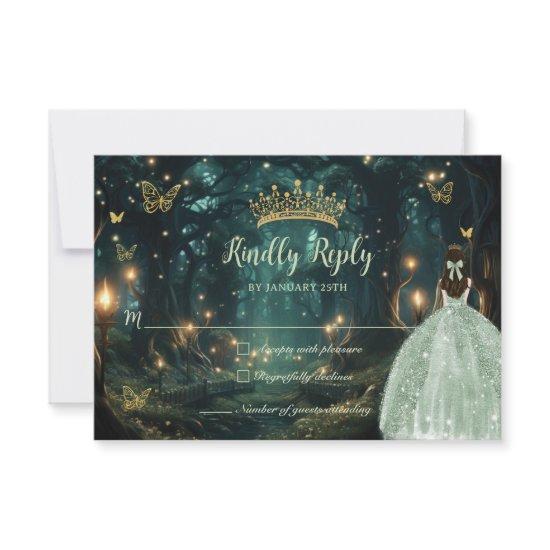 Enchanted Forest Sage Green Dress Quinceañera  RSVP Card