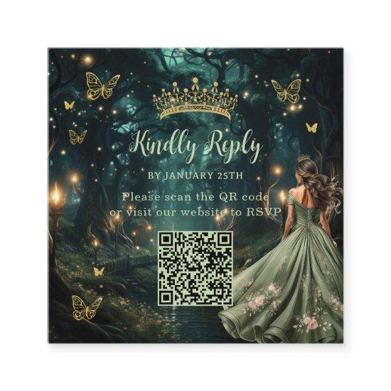 Enchanted Forest Sage Green Quinceañera QR RSVP Enclosure Card