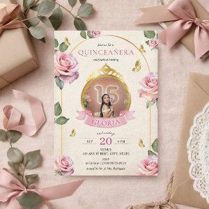 Enchanted Garden Pink Roses Gold Photo Quinceanera