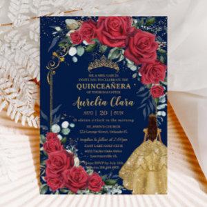 Enchanted Red Roses Floral Navy Blue Quinceañera