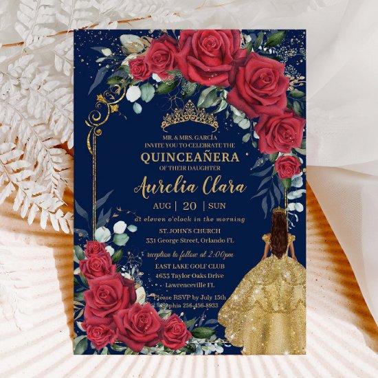 Enchanted Red Roses Floral Navy Blue Quinceañera