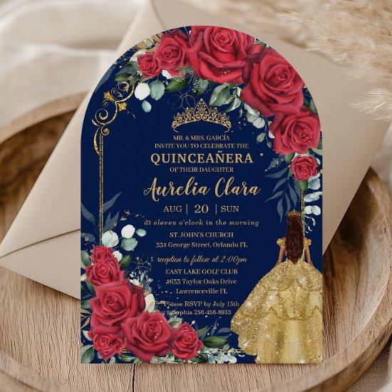 Enchanted Red Roses Floral Navy Quinceañera Arch