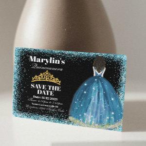 Enchanting Turquoise Glitter Princess Quinceanera  Save The Date