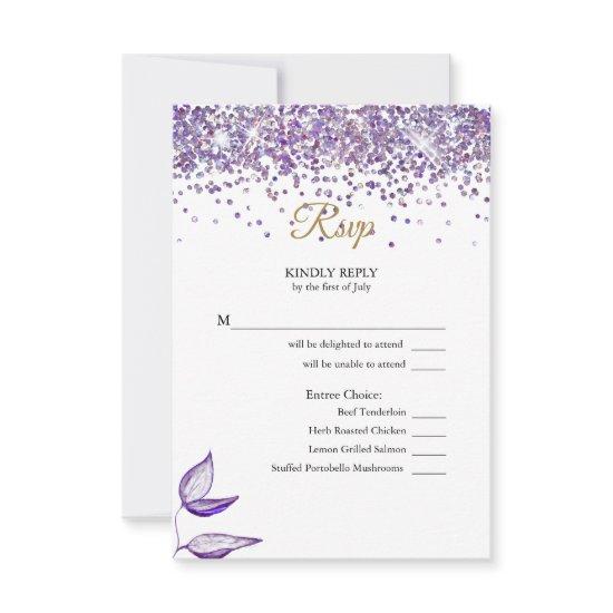 English - Español Purple Glitter Purpurina Morada RSVP Card