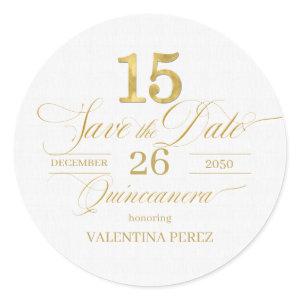 English Quinceanera Save the Date in Gold Classic Round Sticker
