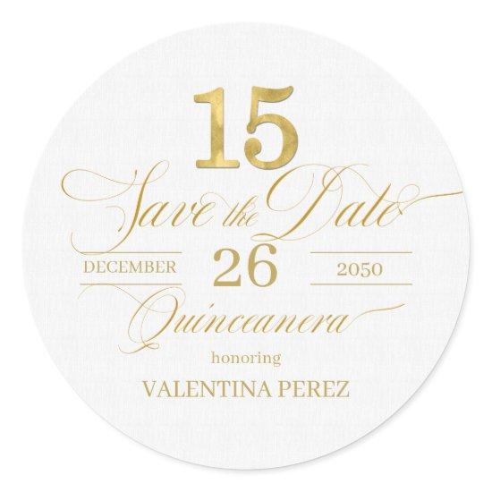 English Quinceanera Save the Date in Gold Classic Round Sticker