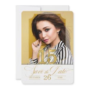 English Quinceanera Save the Date in Golden Hues