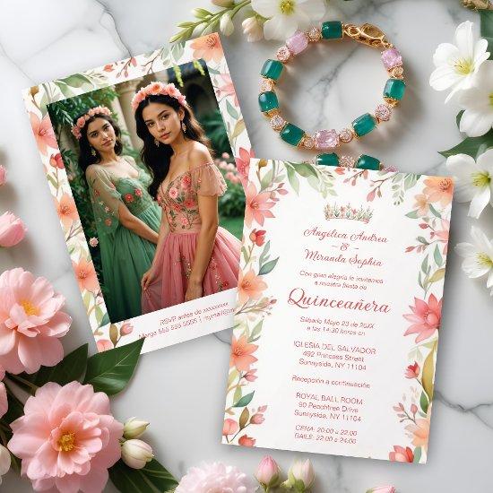 Exquisite Botanical Frame Quinceañera Twins Photo