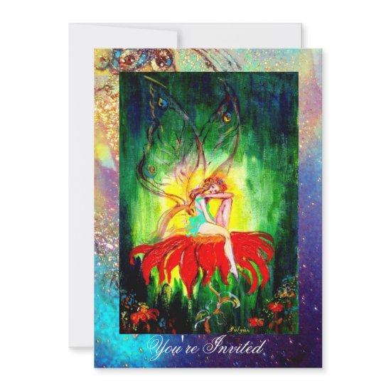 FAIRY DREAMING ON A RED FLOWER blue yellow,green