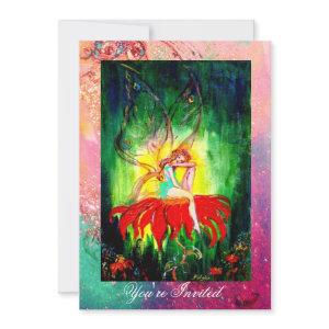 FAIRY DREAMING ON A RED FLOWER pink yellow green