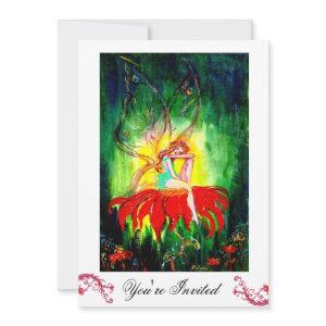 FAIRY DREAMING ON A RED FLOWER white yellow green