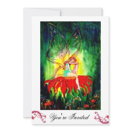 FAIRY DREAMING ON A RED FLOWER white yellow green