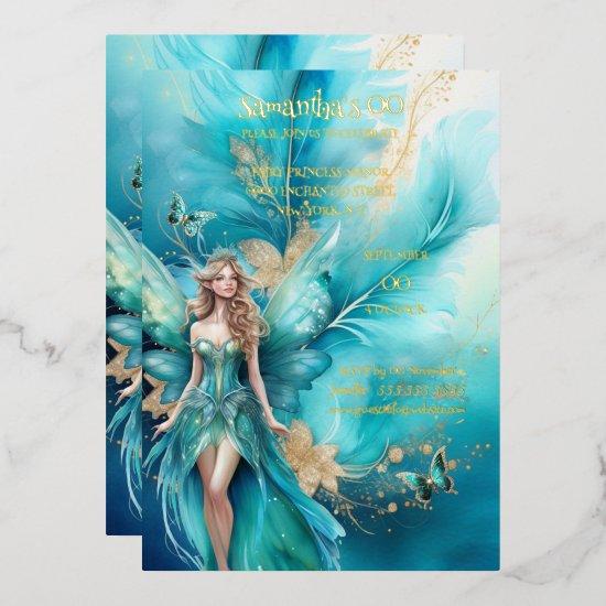 Fairy princess teal gold mythical fairytale foil